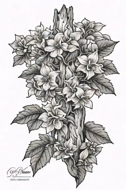 memorial tattoo, Aspen tree and larkspur flowers tattoo design idea