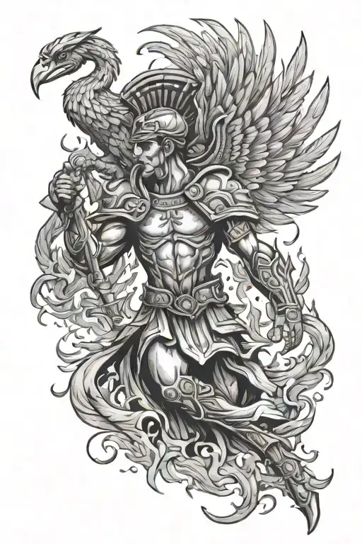 Greek soldier armor struggling phoenix bird rising from ashes tattoo design idea