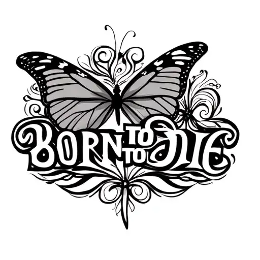 "born to die " swirly font with two butterflies tattoo design idea
