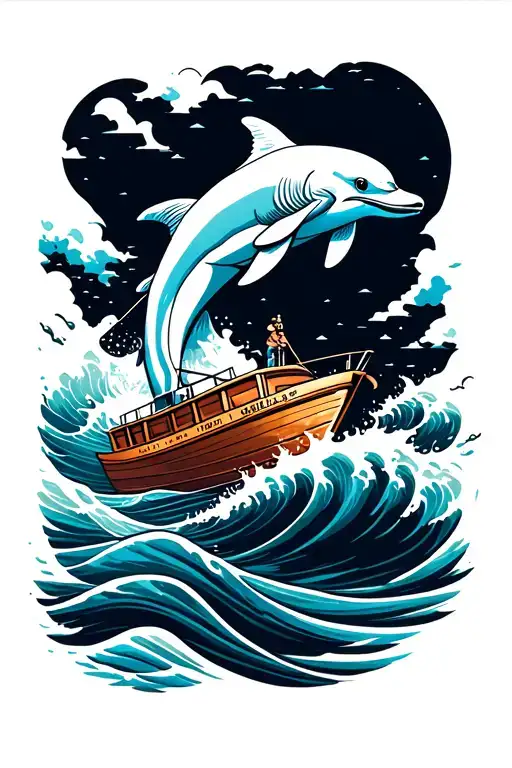 boat riding waves dolphin leaping happy zen tattoo tattoo design idea