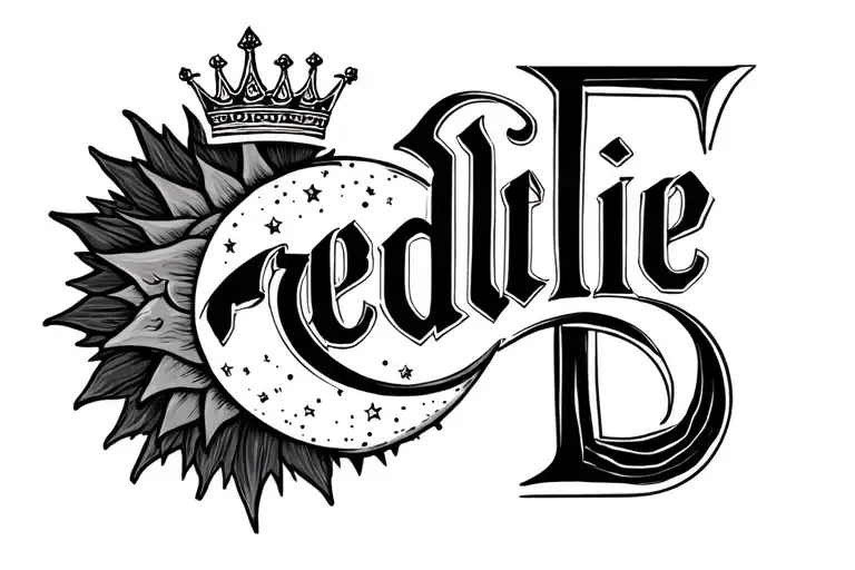 A simple elegant 14cm long tattoo of The name Freddie with a crown above the F in an elegant style with sun, moon and st tattoo design idea