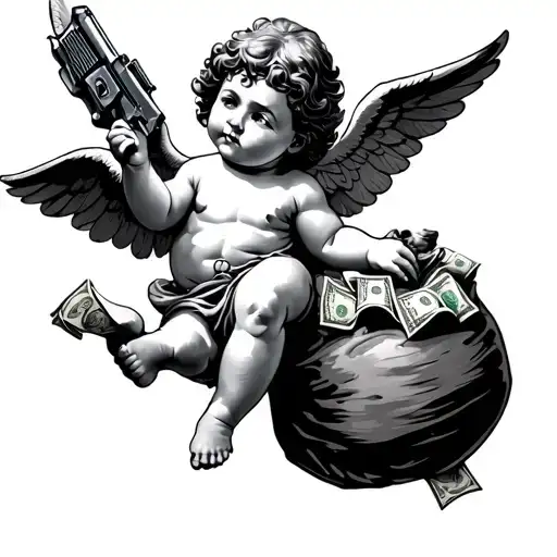 black cherub flying with a sack of money and guns tattoo design idea