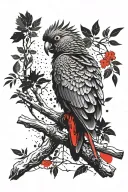 red tail Black cockatoo sitting on a dead tree branch tattoo design idea