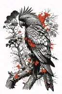 red tail Black cockatoo sitting on a dead tree branch tattoo design idea