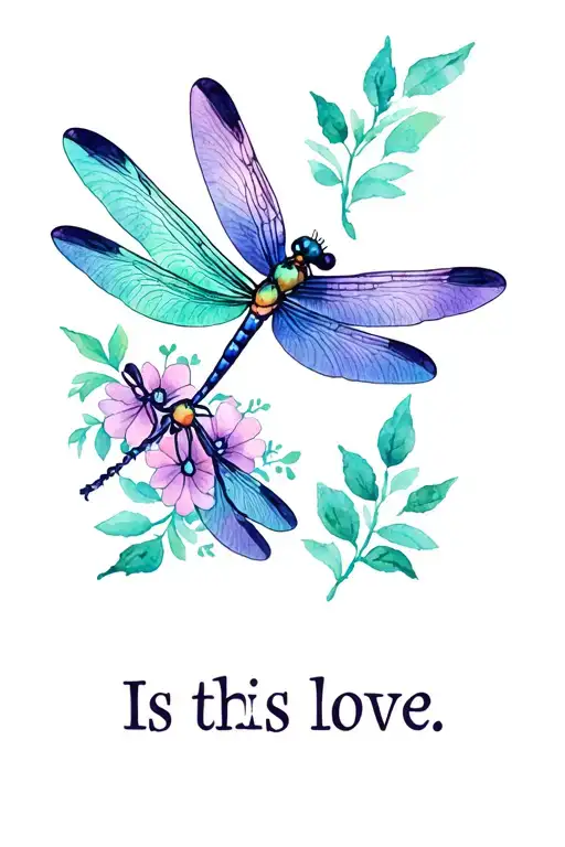 "Is this love" "Is this love" Two dragonflies in a feminine touch, the colors mint and purple but moderate with flowers and leaves tattoo design idea