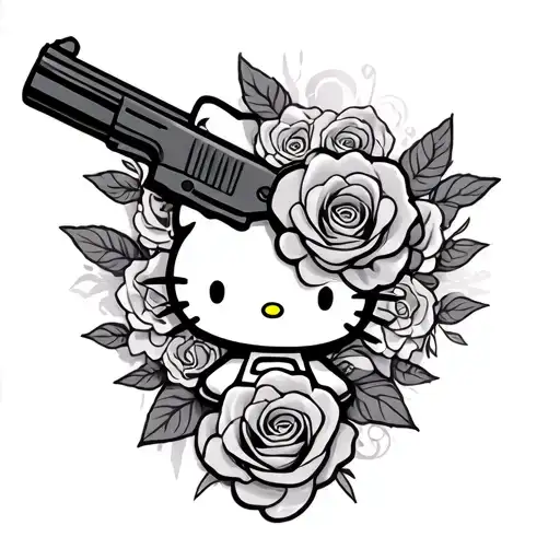 hello kitty roses gun tattoo design idea