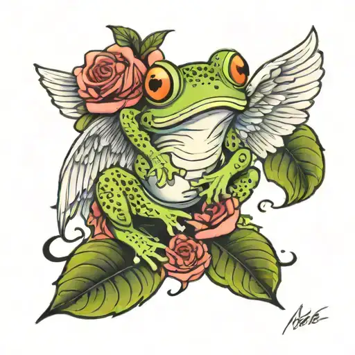 Frog with angel wings on a rose  tattoo design idea
