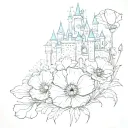 Poppy flower, a baseball and disney castle tattoo design idea