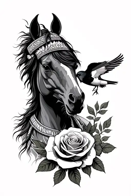 indian men, horse, rose, bird tattoo design idea