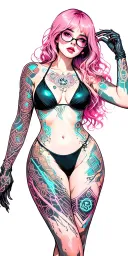 Sexy girl, petite, big boobs, wide hips, bikini . pink hair,sexual. Seductive. Full Body including arms. glasses tattoo design idea