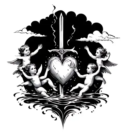 a heart with a sword with baby angels falling with a cloud a around a water fall  tattoo design idea