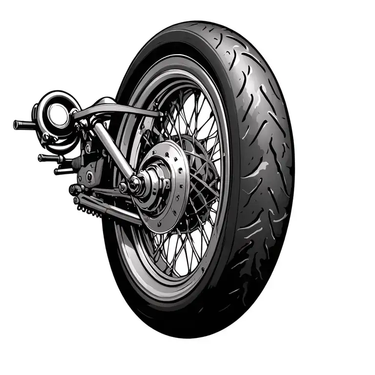 a motorcycle wheel with spokes and sprocket, but instead of the tire inwant mountains all around the rim, with clouds tattoo design idea
