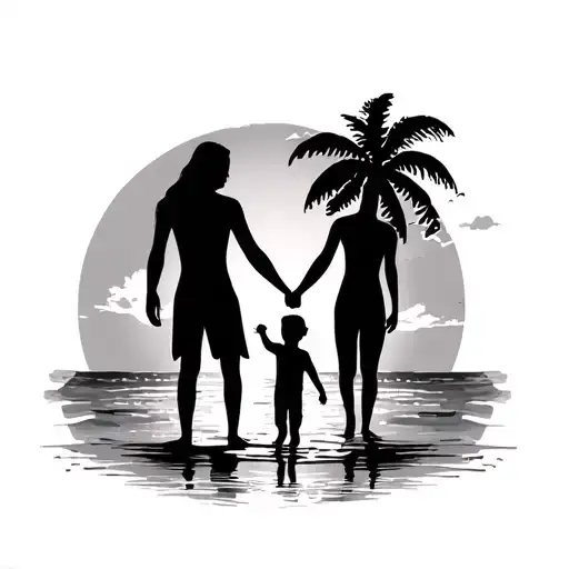 father, mother and son holding hands in the beach with sunset and coconut tree tattoo design idea