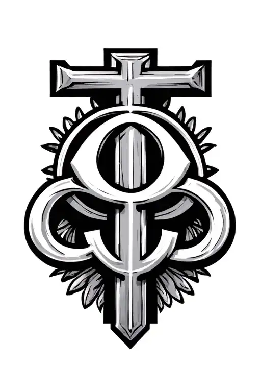 omega symbol on top of a cross but the top half of the cross is inside of the space of the omega leading to a almost = tattoo design idea