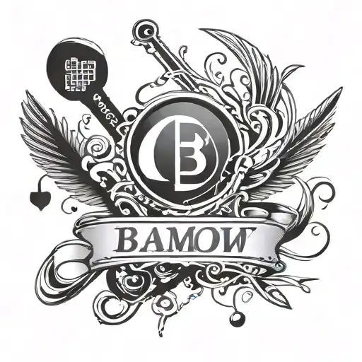 A BMW emblem with a subtle design of musical notes and pool cues incorporated into the logo tattoo design idea