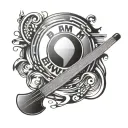 A BMW emblem with a subtle design of musical notes and pool cues incorporated into the logo tattoo design idea
