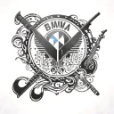 A BMW emblem with a subtle design of musical notes and pool cues incorporated into the logo tattoo design idea