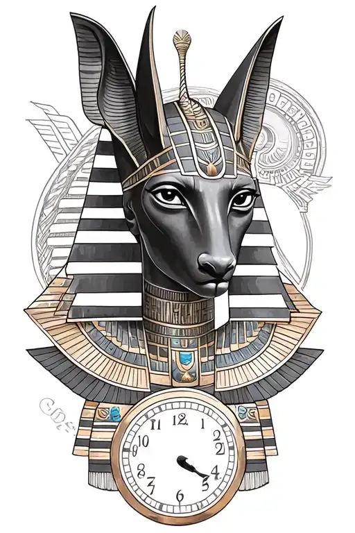 anubis with clock above eye of ra under  egyptian god tattoo design idea