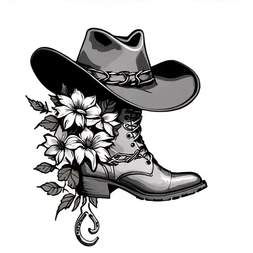 spine tattoo with cowboy hat and boot with barbed wire down the middle, with a horse shoe and some flowers tattoo design idea