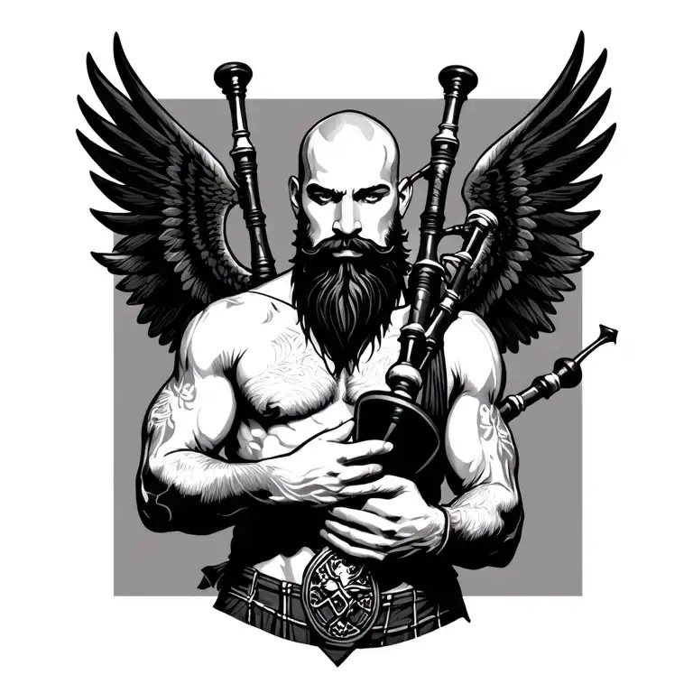 handsome scottish bagpiper bald black beard  muscular wearing pipes in arm big black wings shirtless tattoo tattoo design idea