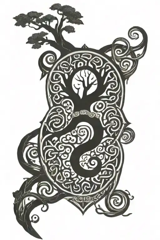 make an extremely convoluted tree of life design incorporating celtic knots and an overall shape of a shield tattoo design idea