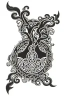 make an extremely convoluted tree of life design incorporating celtic knots and an overall shape of a shield tattoo design idea