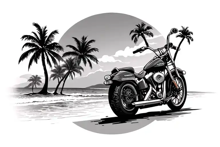 California Beach with palm trees and a harley Davidson style motorcycle tattoo design idea