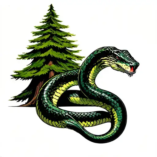 Black and Green cobra wrapped around a powerful and sinister looking Douglas fir tree.  tattoo design idea
