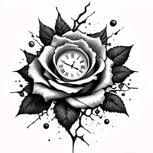 rose, broke sand clock and broken clock tattoo design idea