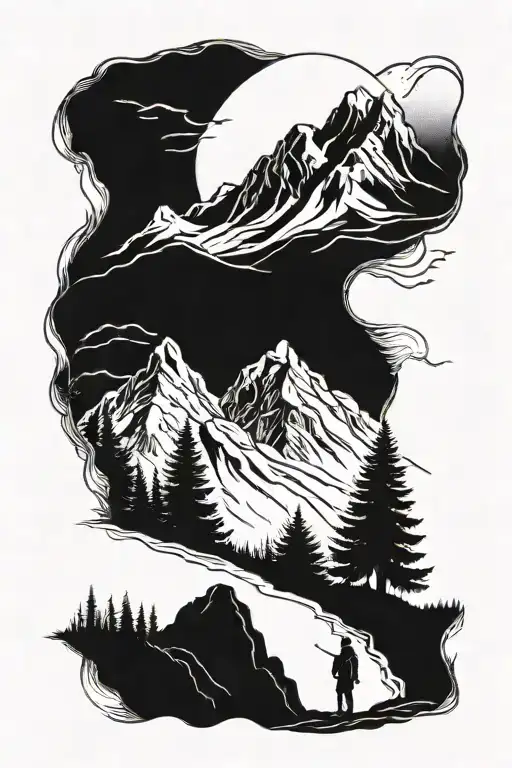 mountain, alpine trees and a person waiting for his lost love tattoo design idea