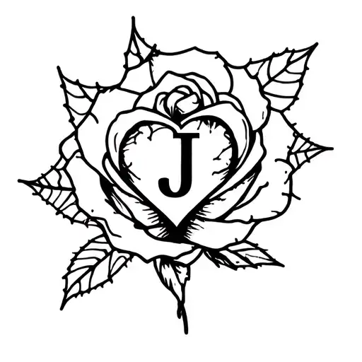 rose with spider webs inside with a heart inside with cracks and a j in the middle  tattoo design idea