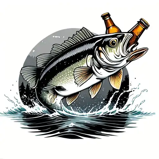 A black-grey tattoo of a bass fish leaping out of the water with a beer bottle in its mouth, surrounded by camping gear tattoo design idea