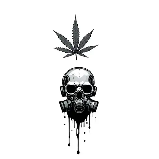 composition,robot skull with gas mask,marijuana leaves in the background,dripping blood tattoo design idea