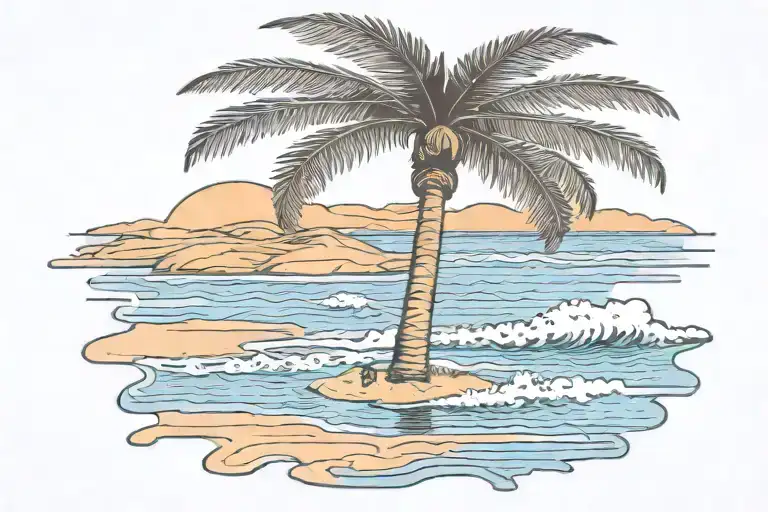 beach scene featuring bare ass, palm tree, tattoo design idea