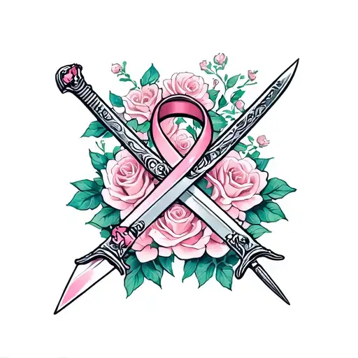 Breast cancer ribbon with a sword going through it with roses surrounding tattoo design idea