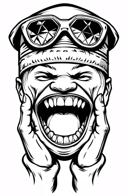 street goon opening mouth with hands showing off diamond grillz with ski mask on tattoo design idea