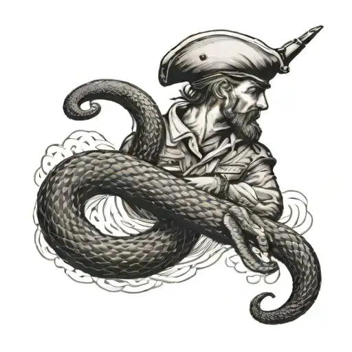 A sailor navigating through stormy seas with a snake wrapped around the ship's mast tattoo design idea