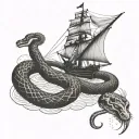 A sailor navigating through stormy seas with a snake wrapped around the ship's mast tattoo design idea