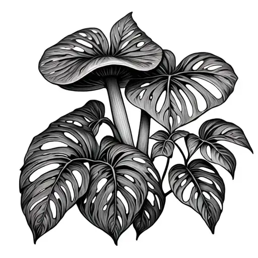 monstera deliciosa morel mushroom, string of hearts plant tattoo design idea