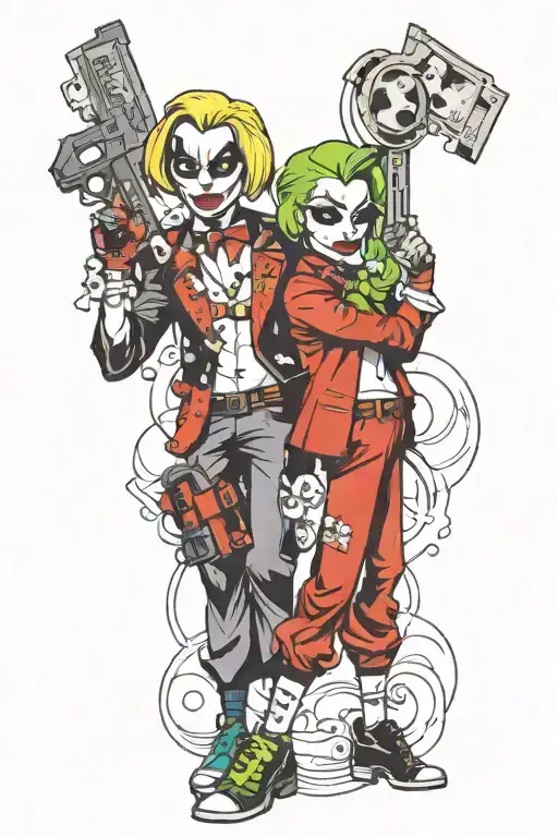 gangster harley quinn and joker with guns and  money tattoo design idea