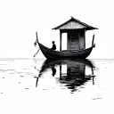 vietnamese fishing boat with a small roof in the distance in calm water with nothing in the background woman sitting in tattoo design idea