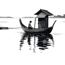 vietnamese fishing boat with a small roof in the distance in calm water with nothing in the background woman sitting in tattoo design idea