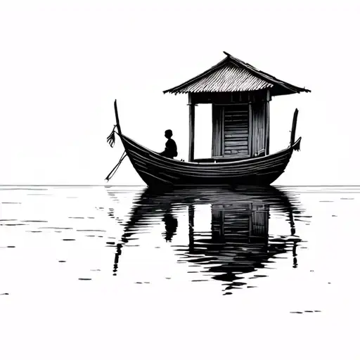 vietnamese fishing boat with a small roof in the distance in calm water with nothing in the background woman sitting in tattoo design idea