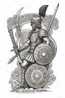 Roman soldier with dented helmet holding round shield with Cambodia and Hmong symbols with ankle way background tattoo design idea