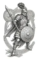 Roman soldier with dented helmet holding round shield with Cambodia and Hmong symbols with ankle way background tattoo design idea