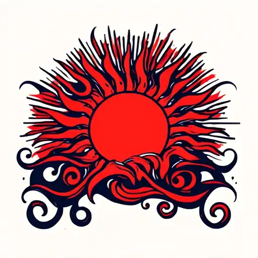 A shoulder tattoo design featuring a bold red sun with radiating rays at the top, traditional Japanese-style swirling bl tattoo design idea