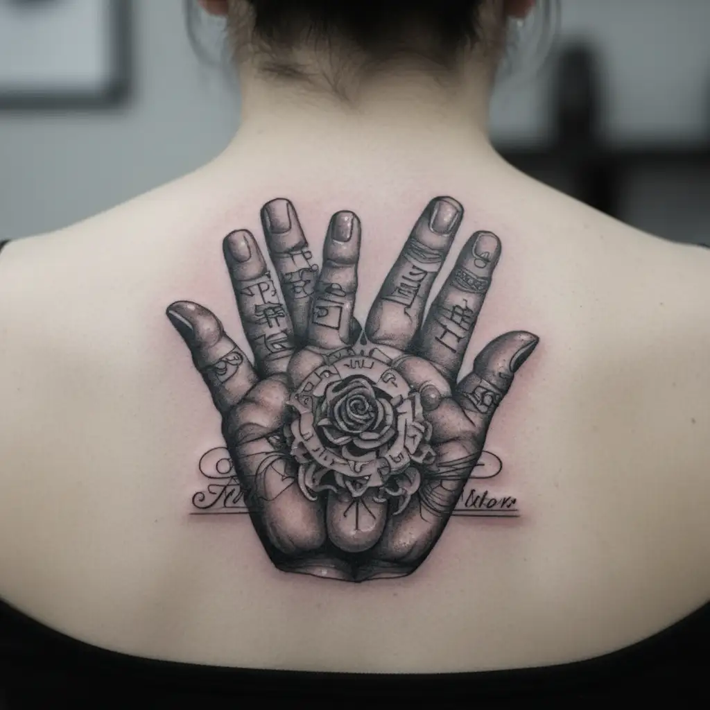 patience with each word on each finger of hand   tattoo design idea