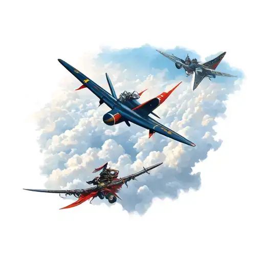 kamikaze plane through the clouds blended with large samurai  with samurai to create a story tattoo design idea