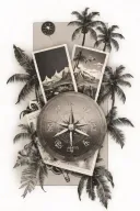 picture collage with compass, plane, map, mountains, and palm trees  tattoo design idea