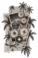 picture collage with compass, plane, map, mountains, and palm trees  tattoo design idea